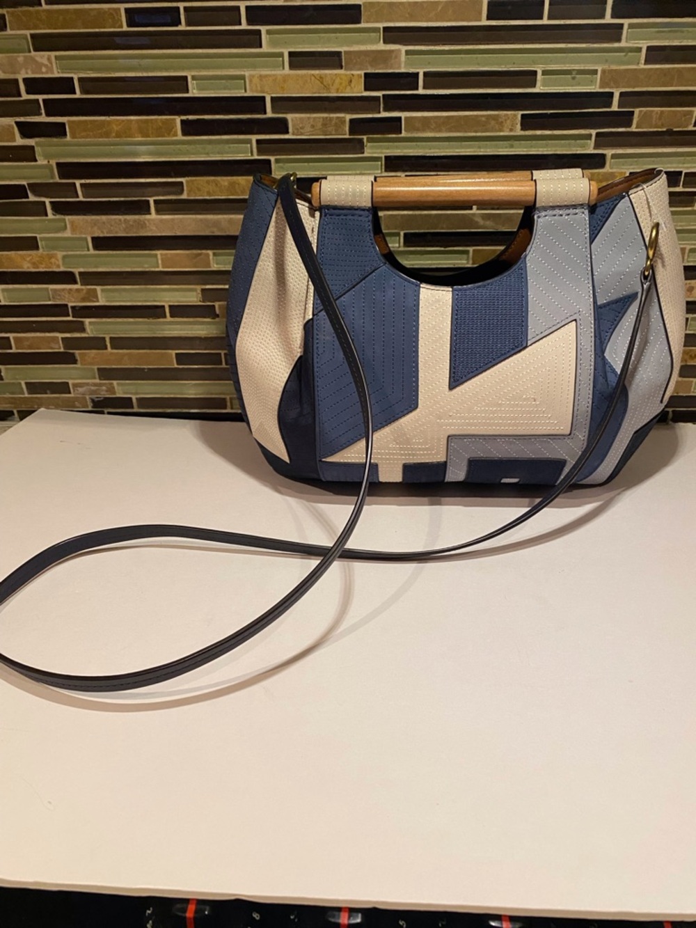 TORY BURCH Dowel Patchwork Nubuck Round Tote Wooden Hand